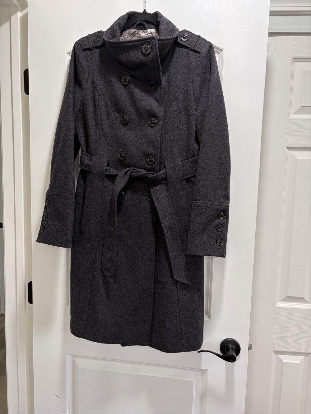 Guess Wool Blend Double Breasted Trench Coat Grey Charcoal Satin Lining Size M